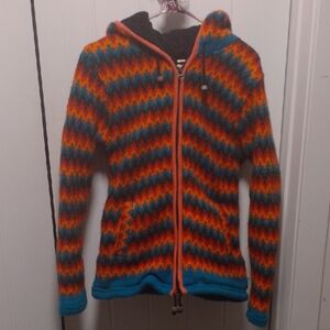 Colorful Knit Wool Jacket Sweater Hoodie Zigzag Trippy Nepal Fleece Lining Ark